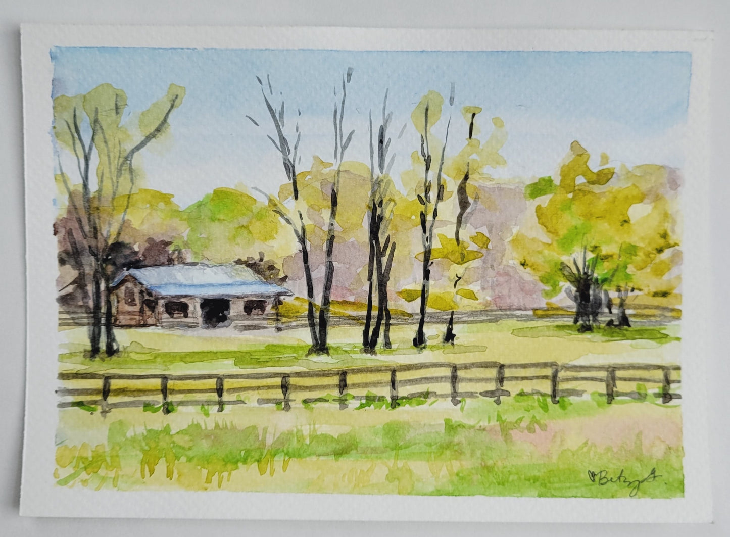 5"x7" original watercolor painting by Betsy Gaccione on 140 lb watercolor paper of the farm seen along the River Park trail in Brentwood, TN.