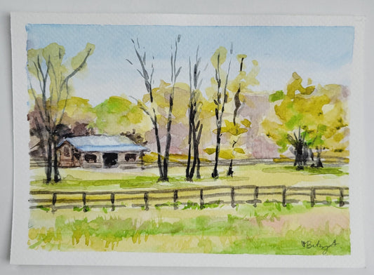 5"x7" original watercolor painting by Betsy Gaccione on 140 lb watercolor paper of the farm seen along the River Park trail in Brentwood, TN.