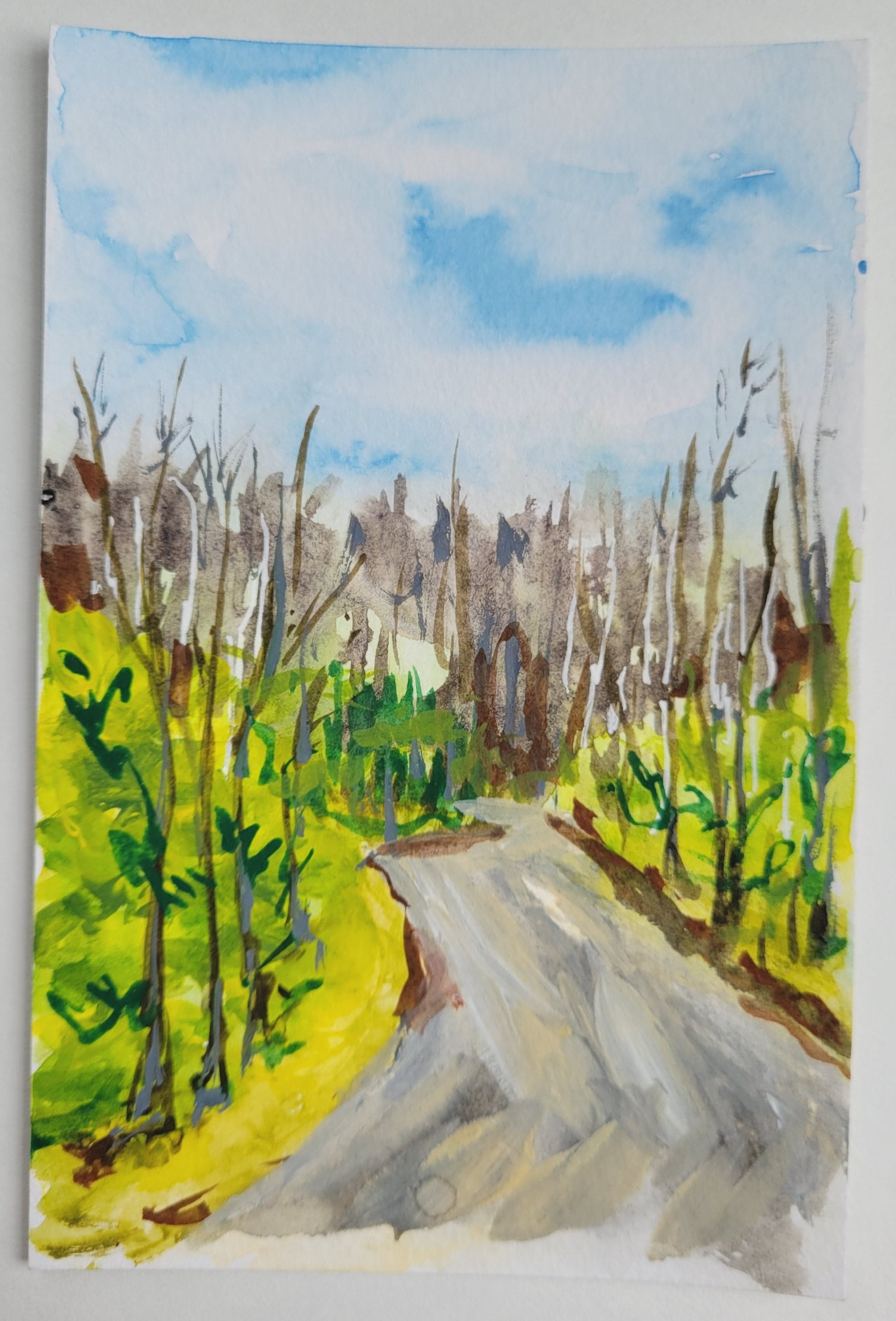 4"x6" original watercolor and gouache painting on 140 lb. watercolor paper by Betsy Gaccione of River Park trail in Brentwood TN in the spring..