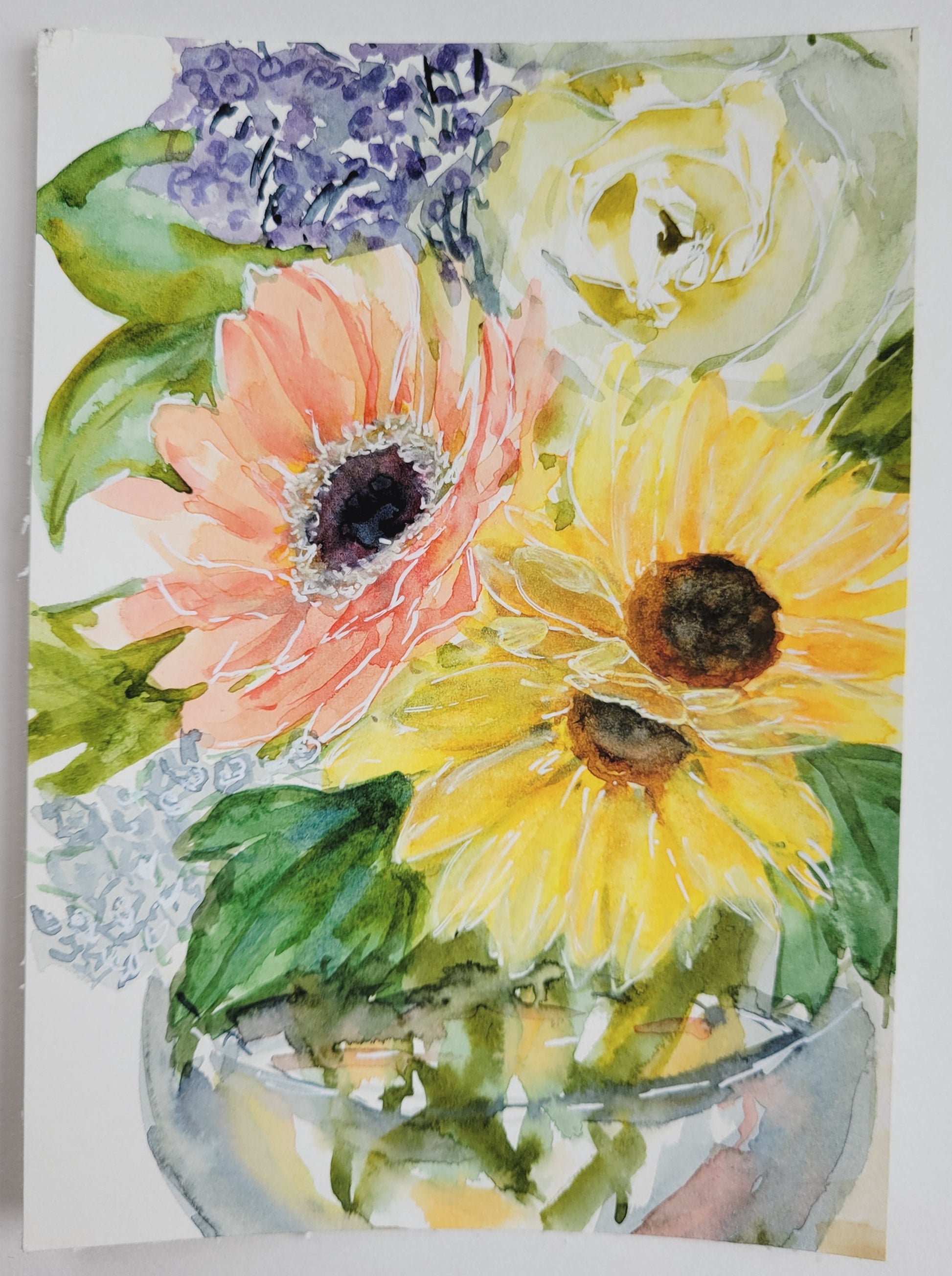 5"x7" Original watercolor and acrylic painting of peach and yellow daisies on 140 lb. paper by Betsy Gaccione. 